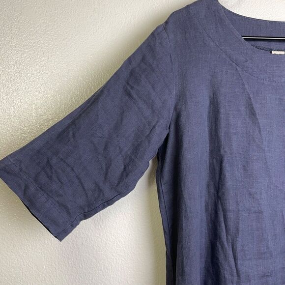 Len OK Medium 100% Linen Blue Purple Shirt Dress Pockets 3/4 Sleeves Belarus - Picture 4 of 10
